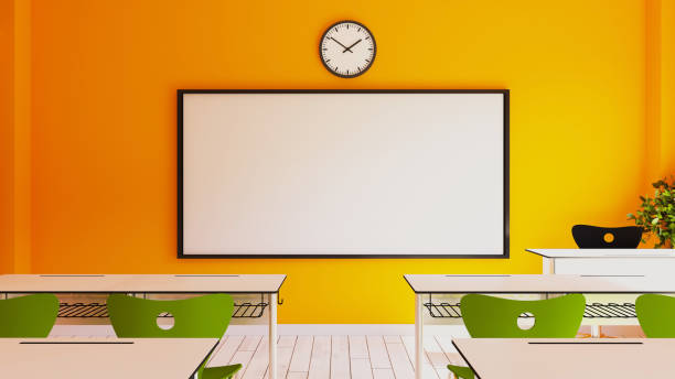 Empty interior of classic school classrooms with white chalk on the yellow wall 3D rendering stock photo