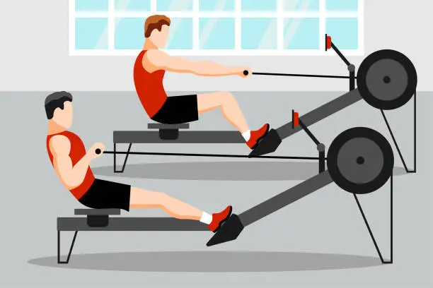 Vector illustration of Training athletes on a rowing machine in the gym