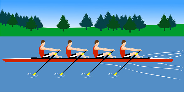 Rowing team trains before the competition, color vector illustration. Four boat for rowing is floating on the river. Teamwork in the open air.