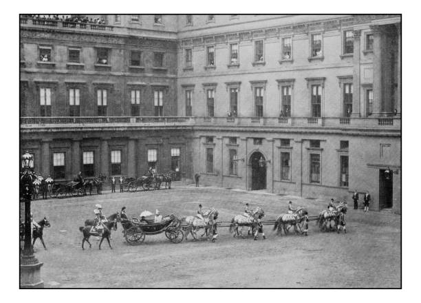 fotografie antique london: royal procession opuszczający czworokąt, pałac buckingham - buckingham palace stock illustrations