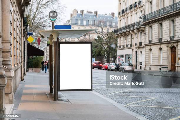 Bus Stop With Blank Billboard Stock Photo - Download Image Now - Billboard, Paris - France, Template