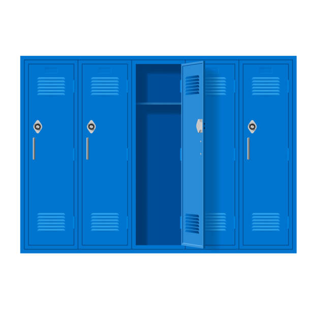 Blue Metal Cabinets Blue Metal Cabinets with One Open Door. Lockers in School or Gym with Handles and Locks. Safe Box with Doors, Cupboard, and Compartment locker stock illustrations