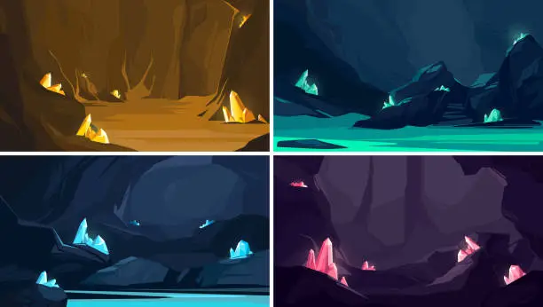 Vector illustration of Collection of caves with different crystals.