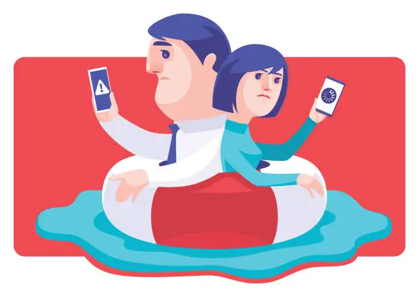 Vector illustration of sad couple holding smartphones in buoy