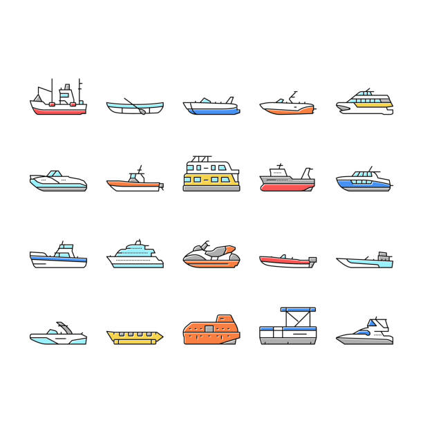 illustrations, cliparts, dessins animés et icônes de types de transport par bateau par voie d’eau icônes définir vector . - runabout