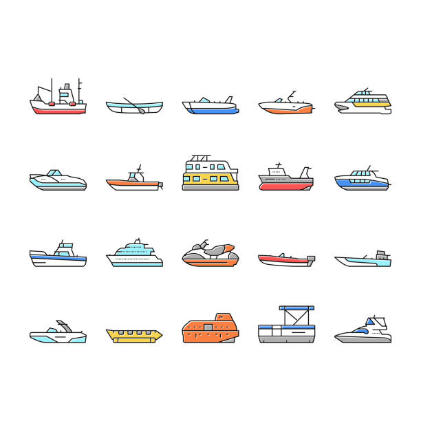 лодка водный транспорт типы иконки набор вектор . - runabout stock illustrations