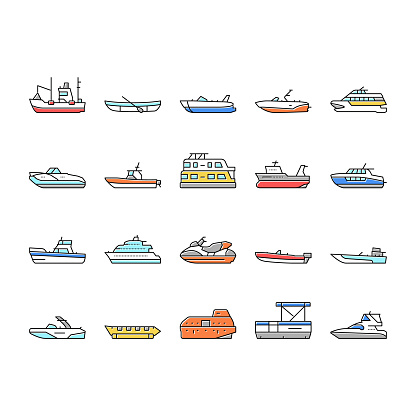 Boat Water Transportation Types Icons Set Vector. Runabout And Catamaran, Fishing And Bowrider, Motor Yacht And Cabin Cruiser Boat Line. Ship And Motorboat Transport Color Illustrations .