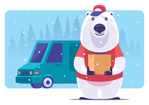 courier polar bear holding carton and standing beside mini van