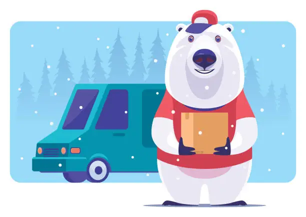Vector illustration of courier polar bear holding carton and standing beside mini van