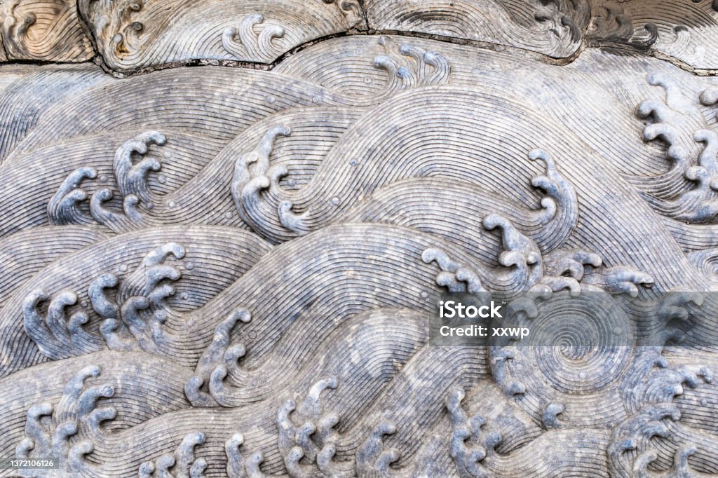 Architectural decorations in the Summer Palace, stone pillar reliefs, wave decorations, Chinese patterns, Ruyi patterns, building bases, stone carvings Sculpture Stock Photo