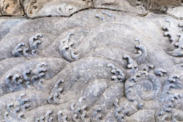 Photo of Architectural decorations in the Summer Palace, stone pillar reliefs, wave decorations, Chinese patterns, Ruyi patterns, building bases, stone carvings