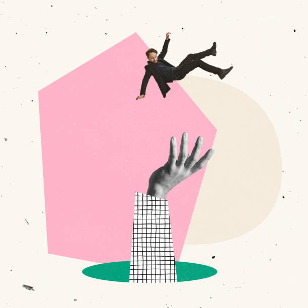 istock Creative design. Employee falling down on giant hand symbolizing support after defeat 1372106231