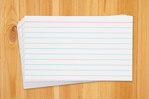 Retro white paper index cards on a desk with copy space for your message