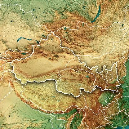 3D Render of a Topographic Map of the Northwest China region. Version with administrative Boundaries.\nAll source data is in the public domain.\nColor texture: Made with Natural Earth. \nhttp://www.naturalearthdata.com/downloads/10m-raster-data/10m-cross-blend-hypso/\nRelief texture: GMTED2010 data courtesy of USGS. URL of source image: https://topotools.cr.usgs.gov/gmted_viewer/viewer.htm \nWater texture: SRTM Water Body SWDB:\nhttps://dds.cr.usgs.gov/srtm/version2_1/SWBD/\nBoundaries Level 0: Humanitarian Information Unit HIU, U.S. Department of State (database: LSIB)\nhttp://geonode.state.gov/layers/geonode%3ALSIB7a_Gen\nBoundaries Level 1: Made with Natural Earth.\nhttps://www.naturalearthdata.com/downloads/10m-cultural-vectors/