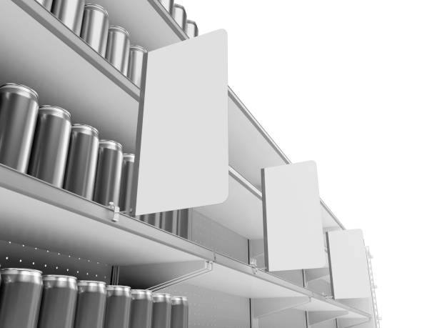 Shelf With Wobbler Shelf With Wobbler Or Shelf-Stopper, Supermarket Shelves With Cans, Blank Advertising Banner grocery shelf cans stock pictures, royalty-free photos & images