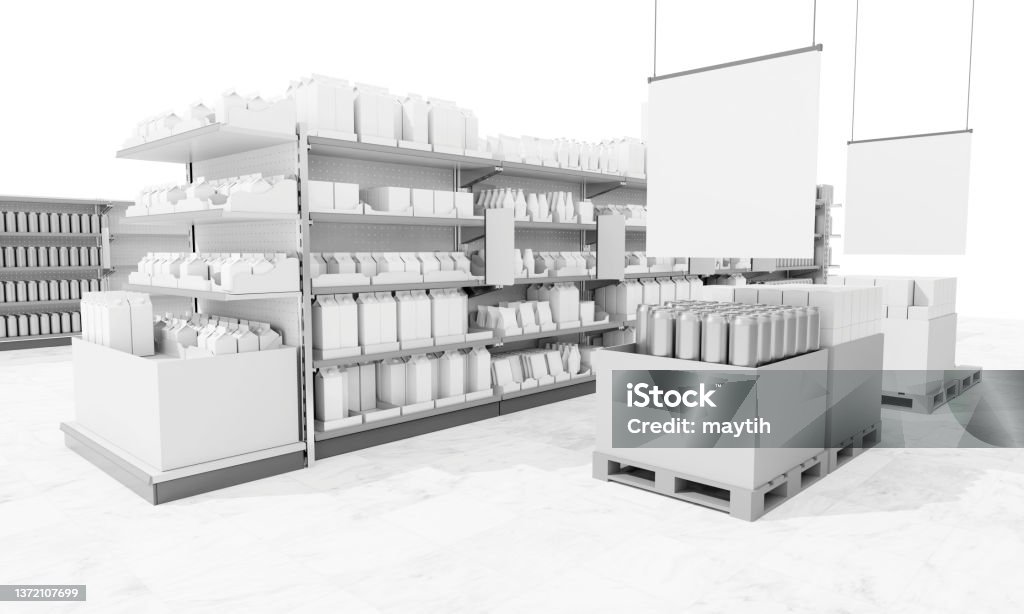 Set Of Shelves Full Of Products Supermarket Shef Aisle Full Of Products With Product Box and Hanging Banner Supermarket Stock Photo