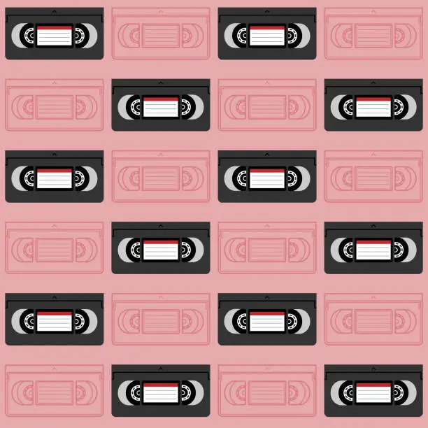 Vector illustration of Vhs cassettes seamless pattern. Retro background with video tapes.