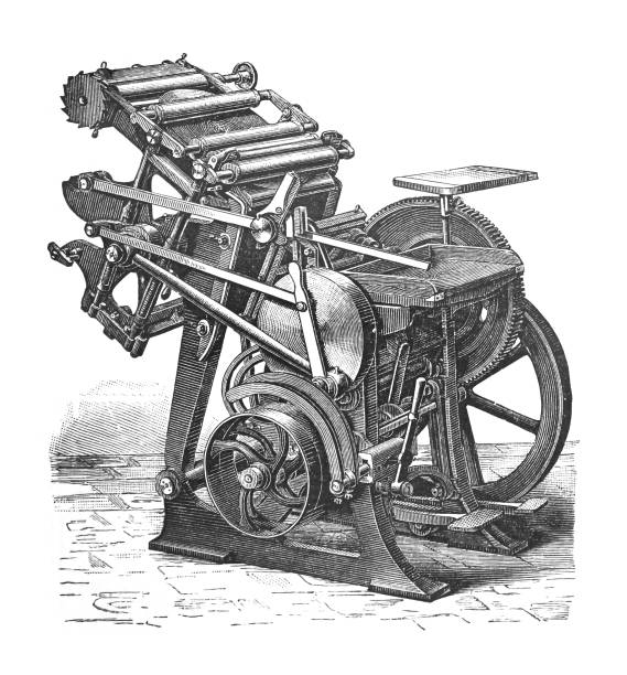 ilustrações, clipart, desenhos animados e ícones de prensa de impressão antiga - ilustração gravada vintage - engraved image gear old fashioned machine part