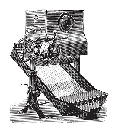 Vintage engraved illustration isolated on white background - Old coffee manufactory machine (roasting machine)