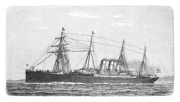 ilustraciones, imágenes clip art, dibujos animados e iconos de stock de antiguo barco de vapor - ilustración grabada vintage - etching sailing ship passenger ship sea