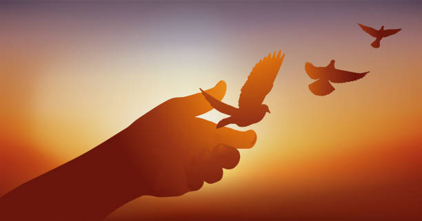 Symbol of freedom with a hand freeing doves from peace. vector art illustration