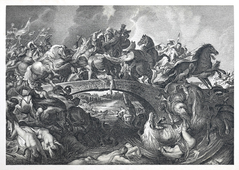 Vintage engraved illustration - The Battle of the Amazons or Amazonomachia (by painter Peter Paul Rubens)