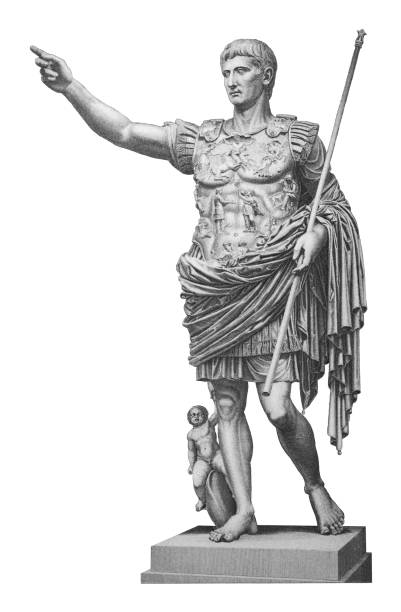 illustrazioni stock, clip art, cartoni animati e icone di tendenza di augusto (cesare augusto) di prima porta (imperatore romano) - illustrazione incisa vintage - roman statue immagine