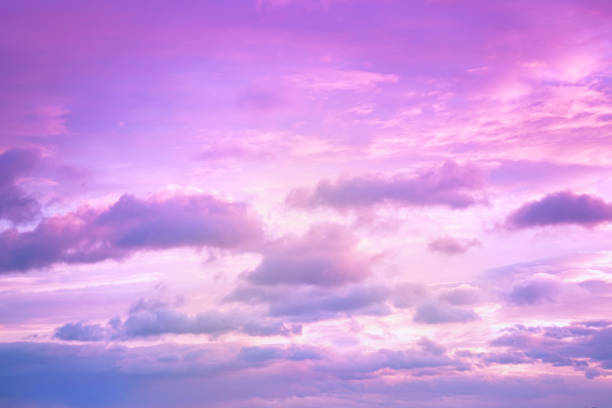 ピンクの紫の空と雲。美しい夕日。繊細な背景 - ロマンチックな空 ストックフォトと画像