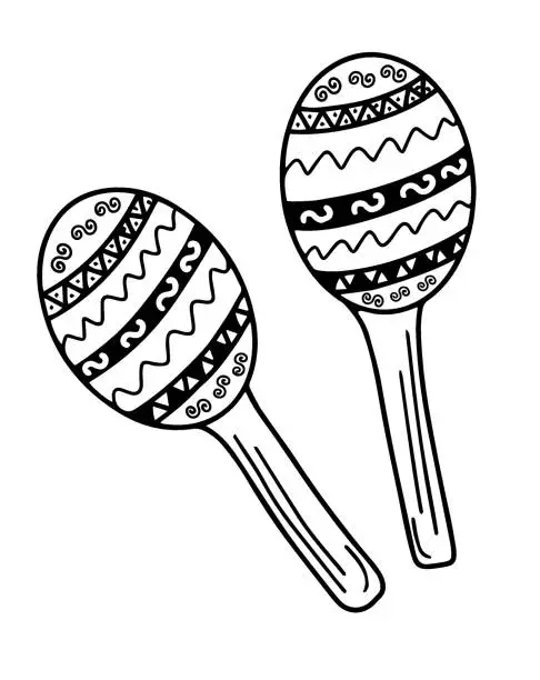 Vector illustration of Maracas - ethnic musical instrument. Maraca. Percussion musik Instrument. Doodle style, hand drawn sketch.