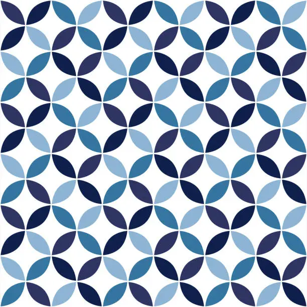 Vector illustration of Blue shippo tsunagi geometric pattern. Ornamental Japanese overlapping circles background.