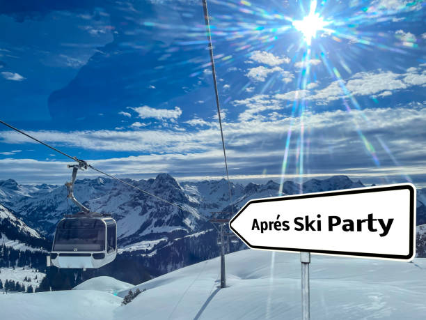 Information sign Après Ski Party in Austria Information sign Après Ski Party in Austria apres ski stock pictures, royalty-free photos & images