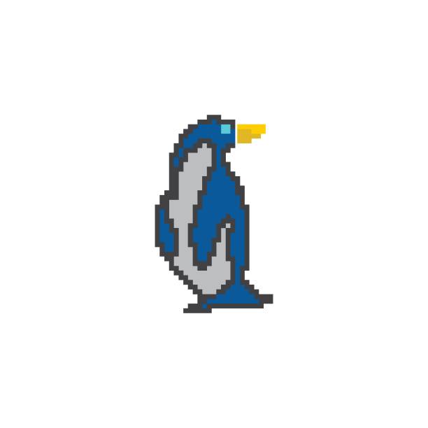 old school 8 bit pixel art kaiser pinguin auf dem boden stehend. gefährdete arten der antarktis. ozeanvogelsymbol isoliert auf weißem hintergrund. - penguin young animal bird emperor penguin stock-grafiken, -clipart, -cartoons und -symbole
