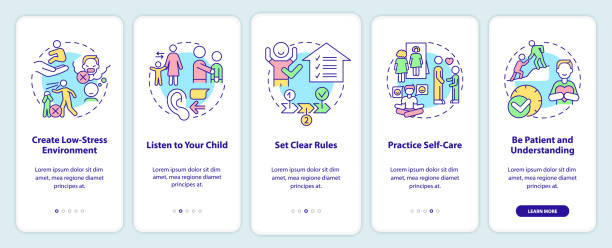 Conduct disorder tips for parents onboarding mobile app screen Conduct disorder tips for parents onboarding mobile app screen. Walkthrough 5 steps graphic instructions pages with linear concepts. UI, UX, GUI template. Myriad Pro-Bold, Regular fonts used parent guide stock illustrations