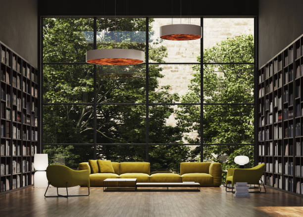 istock Library room in 3d render. Big glass window with trees 1372113748