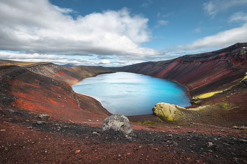 Colorful Ljotipollur crater lake in the south highlands of Iceland.
