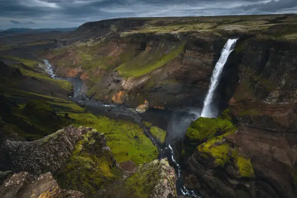 View from above on dramatic  waterfall (Haifoss) in Iceland.