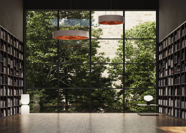 istock Empty. Library room in 3d render. Big glass window with trees 1372116161
