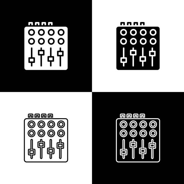 ilustrações de stock, clip art, desenhos animados e ícones de set sound mixer controller icon isolated on black and white background. dj equipment slider buttons. mixing console. vector - knob volume push button control