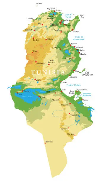 Vector illustration of Tunisia highly detailed physical map