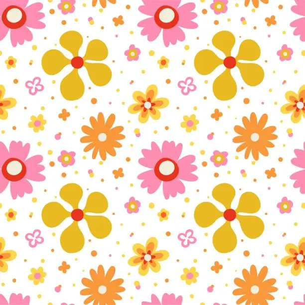 Vector illustration of Hippy flower seamless pattern. Hippie style blossoms, retro vintage background, 60s and 70s abstract, bright colors childish cute decor. Decor textile, wrapping paper wallpaper, vector print