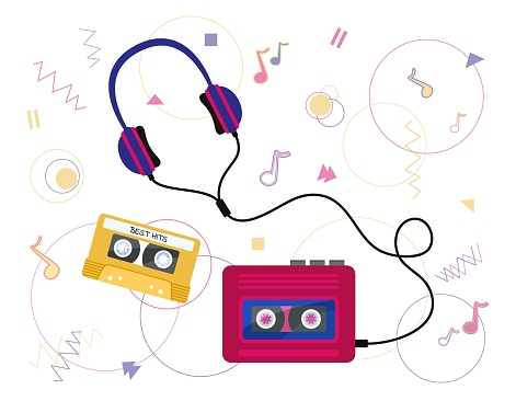 Audio player retro device, cassette and headphones from 80 and 90s. Isolated vector flat objects. 90s set of musical equipment. Illustration of audiotape and audioplayer.