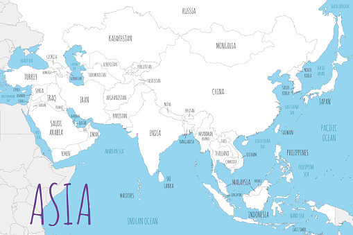 Political Asia Map vector illustration with countries in white color. Editable and clearly labeled layers.
