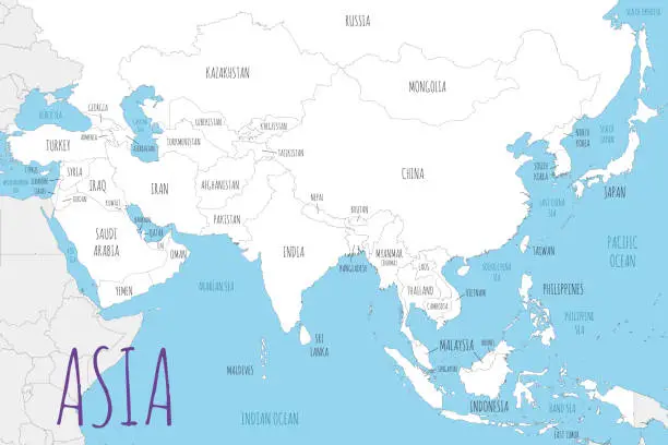 Vector illustration of Political Asia Map vector illustration with countries in white color. Editable and clearly labeled layers.