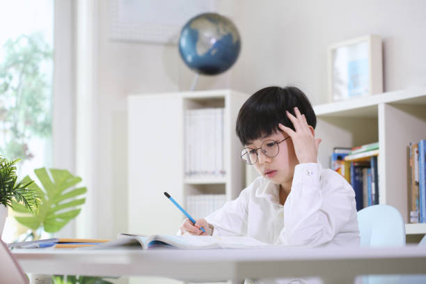 Boy thinking carefully, concentrating and studying hard at his desk Smart and cute student thinking carefully, concentrating and studying hard, taking notes in books and notes at his desk, learning. asian kids learning stock pictures, royalty-free photos & images
