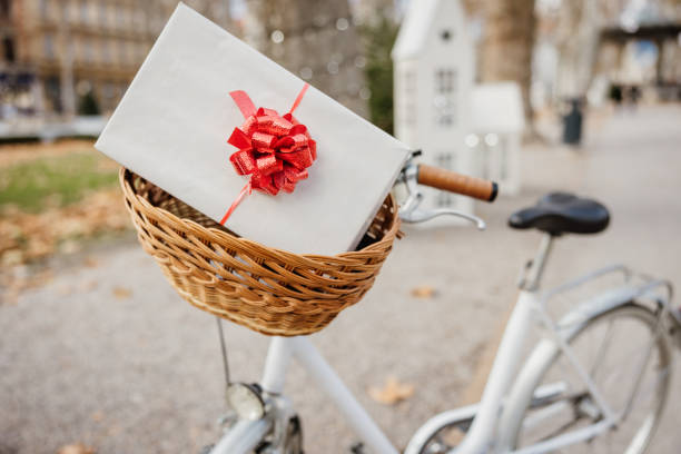 Christmas present on basket of bicycle parked at park