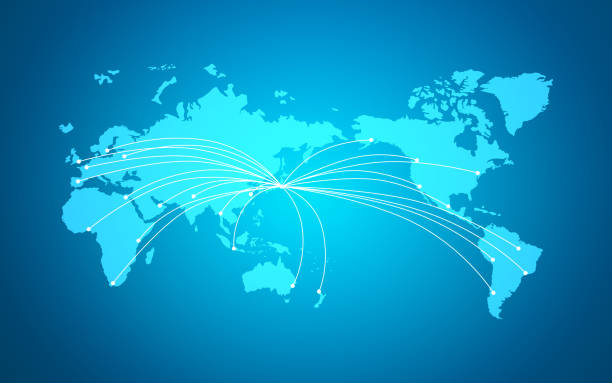 mapa świata i linie sieciowe na niebieskim tle. ilustracja wektorowa. - japan digital map stock illustrations