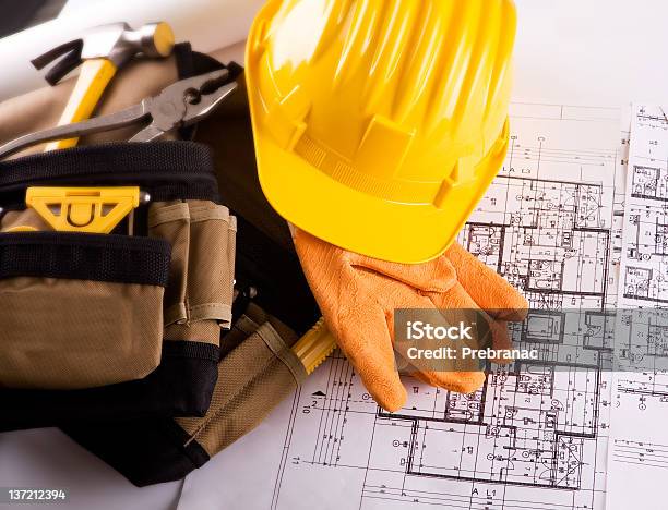 Tools And Contruction Plans Stock Photo - Download Image Now - Architecture, Blue-collar Worker, Blueprint