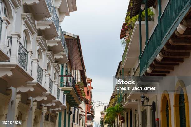 Looking Down A Corridor Of Balconies In Casco Viejo Panama City Stock Photo - Download Image Now
