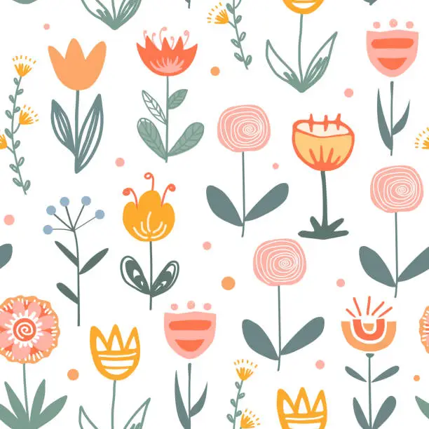 Vector illustration of Fairy flower field seamless vector pattern. Scandinavian folk doodle style. Meadow background for fabric, cards, wallpaper, home decor. White background.