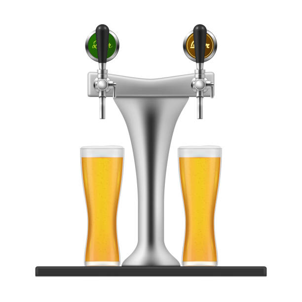 Realistic tap bar with two transparent glasses full of beer vector illustration. Pub equipment Realistic tap bar with two transparent glasses full of beer vector illustration. Pub equipment with faucet and handles for pouring ale malt refreshing alcohol beverage with foam isolated on white beer pump stock illustrations